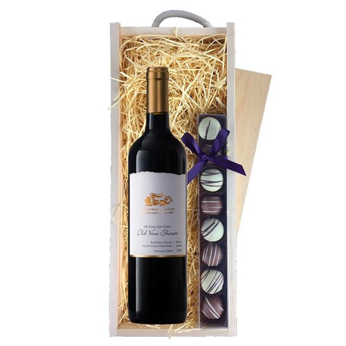 Old Vine Shiraz 75cl Red Wine & Heart Truffles, Wooden Box